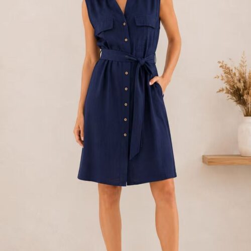 Vestido Corto Azul Marino Camisero Sin Manga con Cinturón