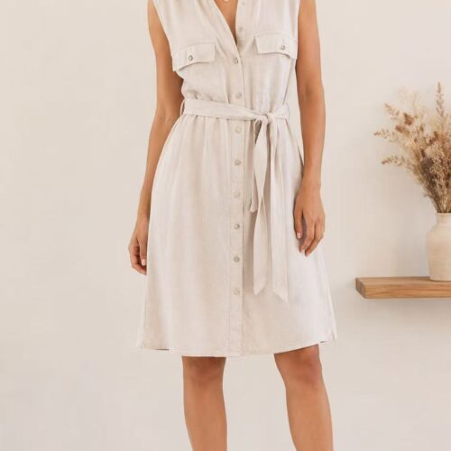 Vestido Corto Beige Camisero Sin Manga con Cinturón