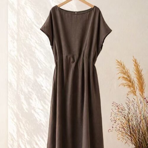 Vestido Largo Marron Manga Corta Escote Redondo