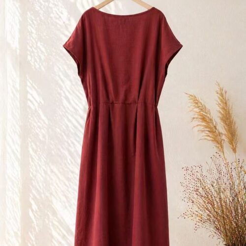 Vestido Largo Rojo Oscuro Manga Corta Escote Redondo