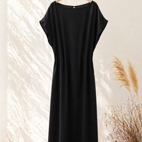 Vestido Largo Negro Manga Corta Escote Redondo