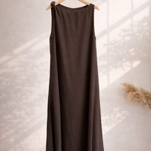 Vestido Marron Largo Liso Sin Manga