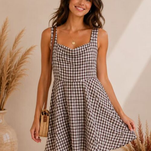 Vestido Corto Coffe Estampado Vichy Escote Cuadrado Tirantes  Anchos