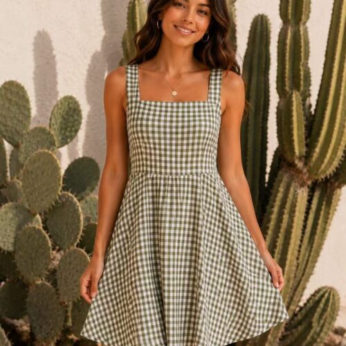 Vestido Corto Verde Estampado Vichy Escote Cuadrado Tirantes  Anchos