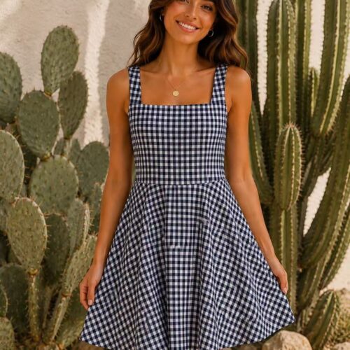 Vestido Corto Azul Marino Estampado Vichy Escote Cuadrado Tirantes  Anchos