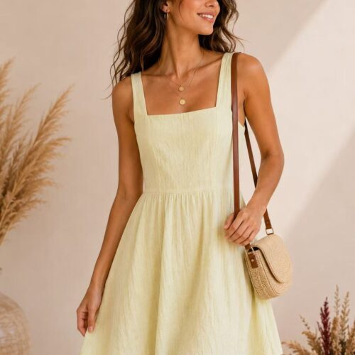 Vestido Corto Amarillo Escote Cuadrado Tirantes  Anchos