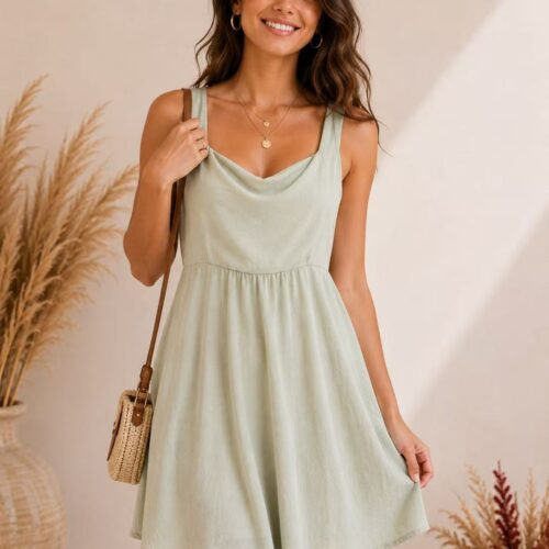 Vestido Corto Verde Escote Cuadrado Tirantes  Anchos