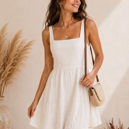 Vestido Corto Blanco Escote Cuadrado Tirantes  Anchos
