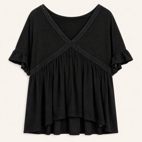 Blusa Negra Detalles Calados Manga Corta