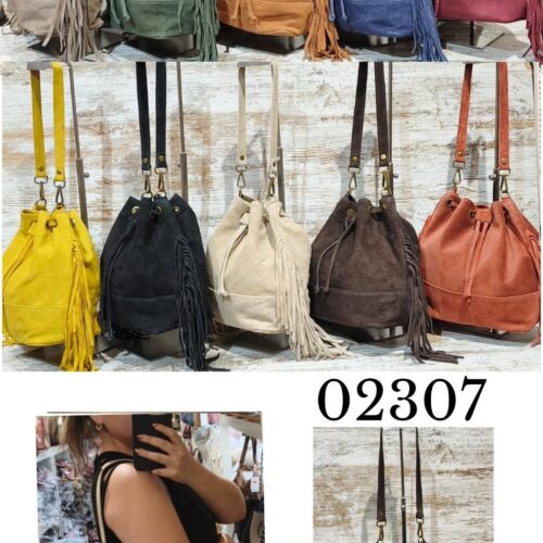Bolso Bandolera Piel Serraje Tipo Saco Flecos