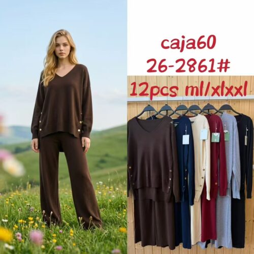 Conjunto de Punto Jersey Botones Decorativos y Pantalón