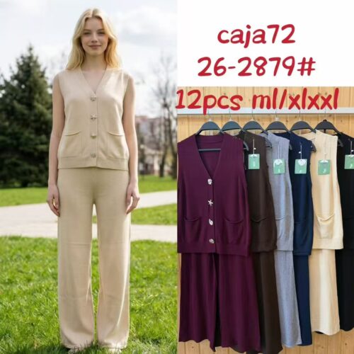 Conjunto de Punto Chaleco  Botones Decorativos con Bolsillos y Pantalón