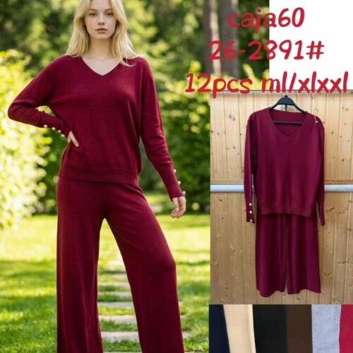Conjunto de Punto Jersey Botones Decorativos y Pantalón