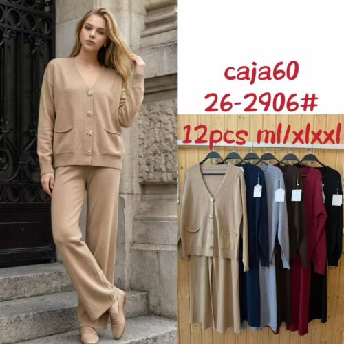 Conjunto de Punto Chaqueta Botones Decorativos con Bolsillos y Pantalón
