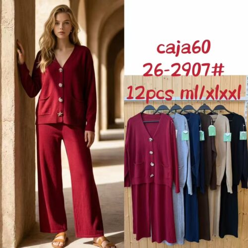 Conjunto de Punto Chaqueta  Botones Decorativos con Bolsillos y Pantalón