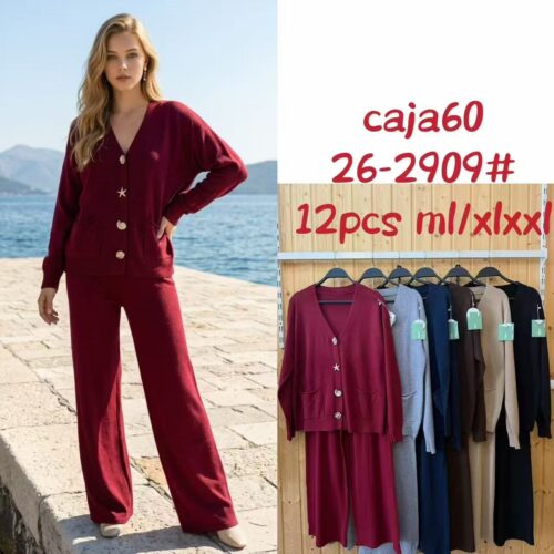 Conjunto de Punto Chaqueta Botones Decorativos con Bolsillos y Pantalón