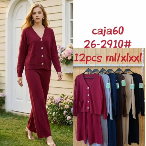 Conjunto de Punto Chaqueta  Botones Decorativos con Bolsillos y Pantalón