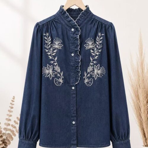 Camisa Azul Vaquero con Bordados Manga Larga