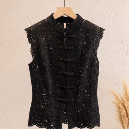 Blusa Negra Encaje Diseño Oriental Manga Corta