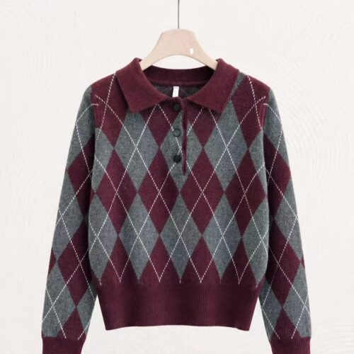 Jersey de Punto Granate Estampado Rombos Escote Efecto Polo Botones