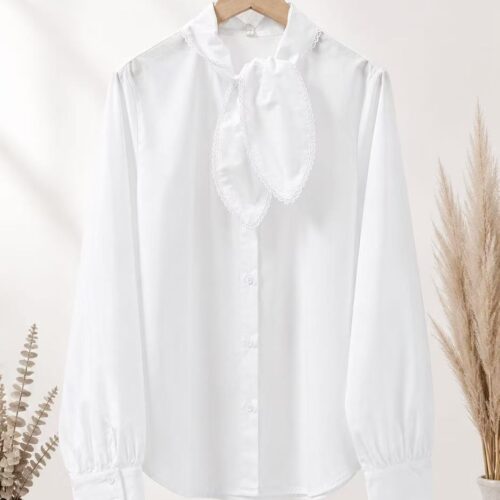 Camisa Blanca Lisa Escote con Lazo Manga Larga