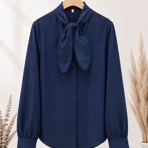 Camisa Azul marino Lisa Escote con Lazo Manga Larga