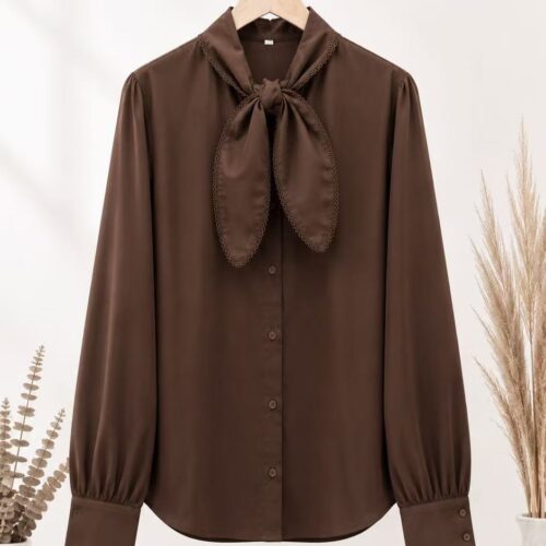 Camisa Marrón Lisa Escote con Lazo Manga Larga