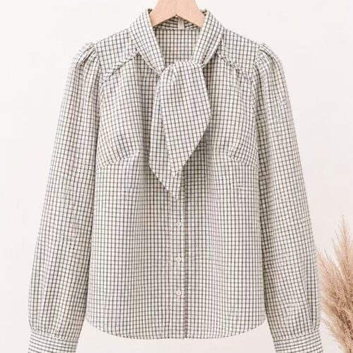 Camisa Beige Estampado Cuadros Escote Lazo Manga Larga
