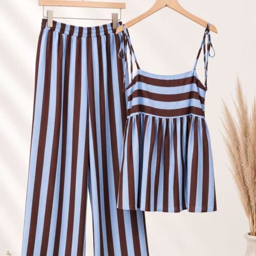 Pantalón Azul con Marrón Estampado Rayas Verticales