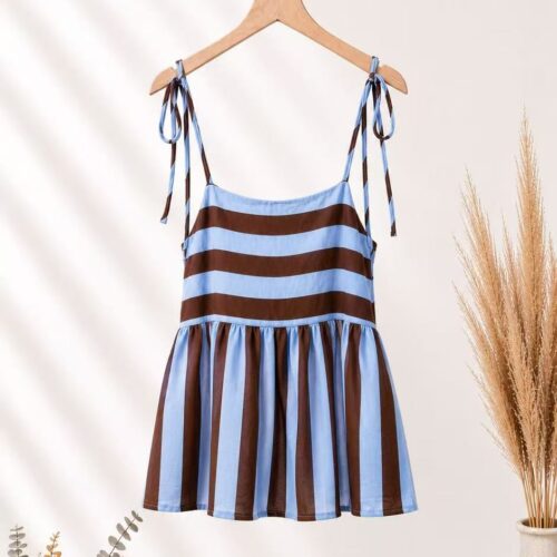 Blusa Top Azul Tirantes Finos Lazo Estampado Rayas
