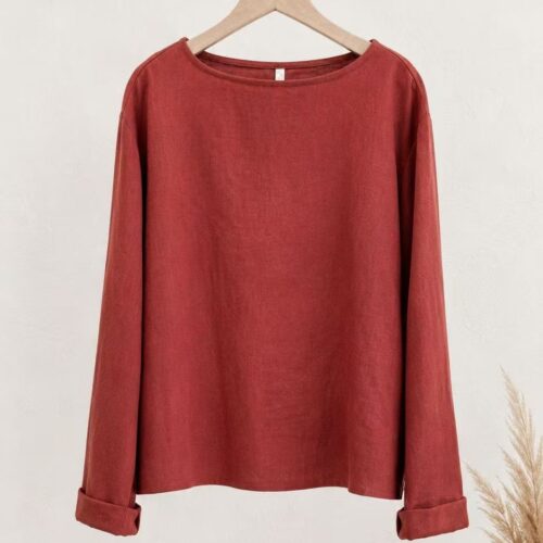 Blusa Terracota Lisa Escote Redondo Manga Larga