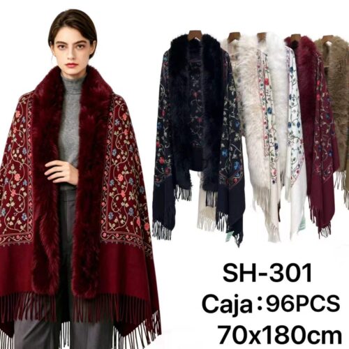 Capa Bohemio de Cuello de Pelos Cinético y Flores Bordadas
