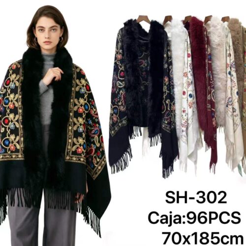 Capa Bohemio de Cuello de Pelos Cinético y Bordados Geométricos