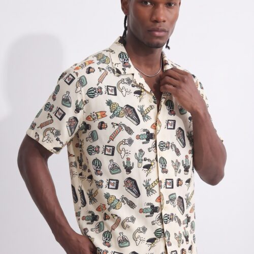 Camisa Beige Hawaiana con Estampados