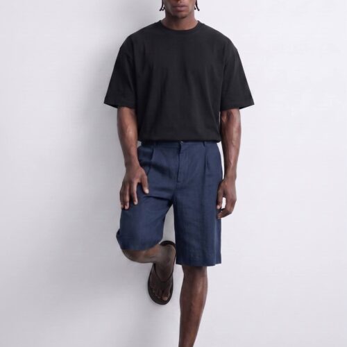 Bermuda Baggy con Lino Azul Oscuro