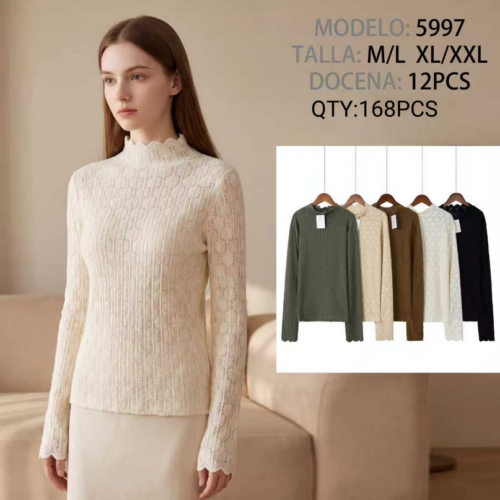 Camiseta de Encaje con Cuello Alto de  Mujer