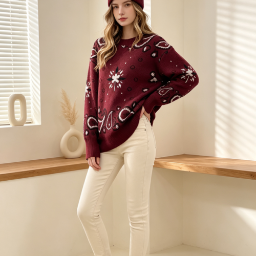 Jersey de Punto Estampado Cachemir Cuello Redondo