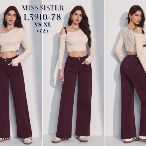 Pantalón Vaquero Burdeo Anchos con Bolsillos de Parche Delanteros