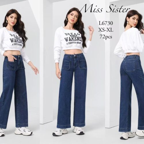 Pantalón Vaquero Azul de Tiro Alto y Bolsillos de Parches Delanteros