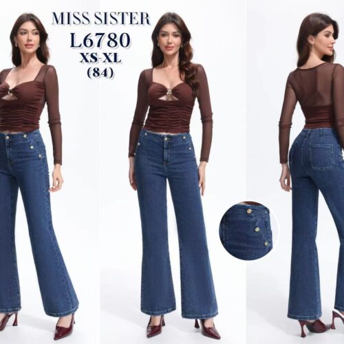 Pantalón  Vaquero Azul con Botones Dorados a los Laterales