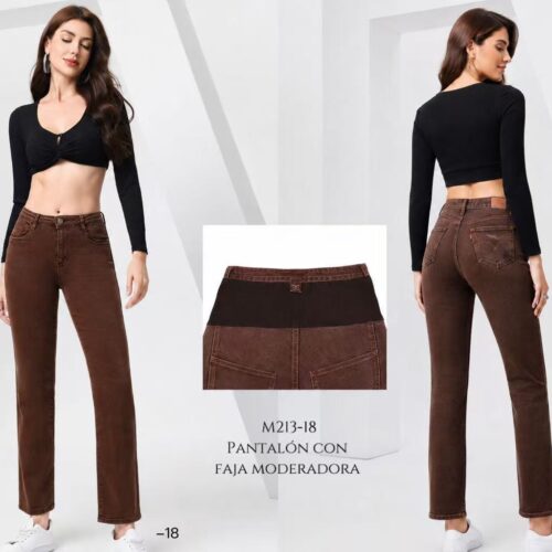 Pantalón Vaquero Marrón con Faja Moldeadora