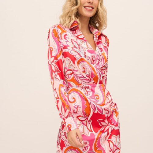Vestido Corto Estampado Satinado Escote Cruzado