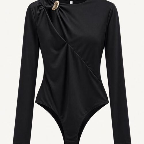 Body Negro Broche Dorado Manga Larga