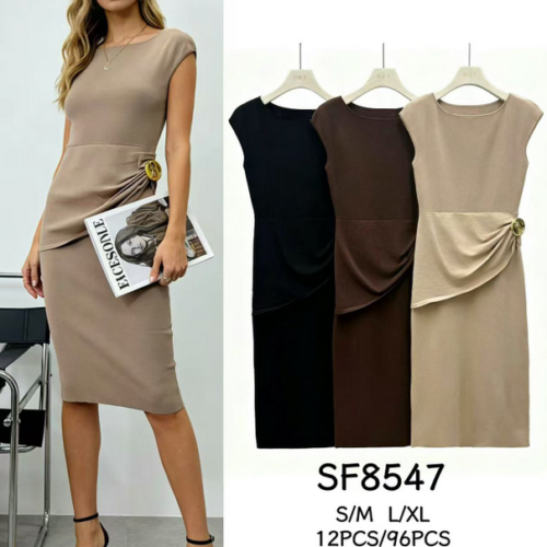 Vestido Midi de Punto Fruncido Lateral con Hebilla Dorada