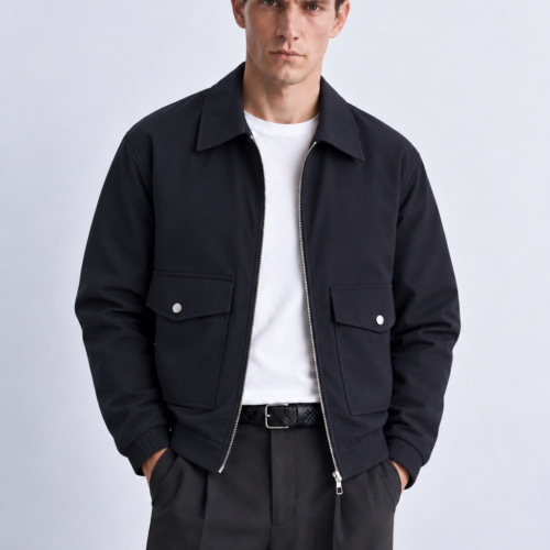 Chaqueta Azul Tipo Bomber  Cuello Solapa