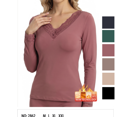 Camiseta de Manga Larga Afelpada Detalle Encaje Mujer