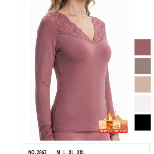 Camiseta de Manga Larga Afelpada Detalle Encaje Mujer