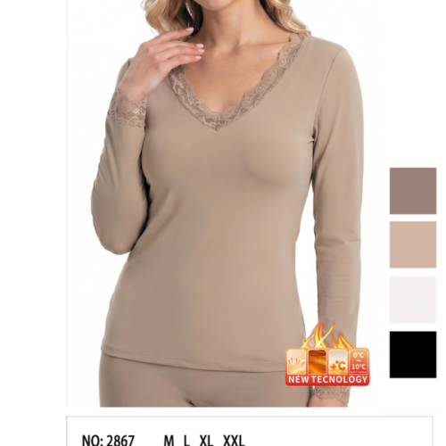 Camiseta de Manga Larga Afelpada Detalle Encaje Mujer